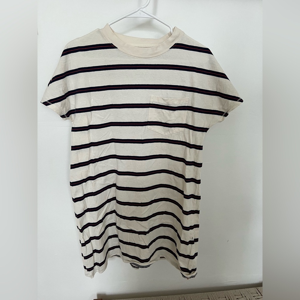 Madewell Cream T-Shirt Dress with Black and Red Stripes